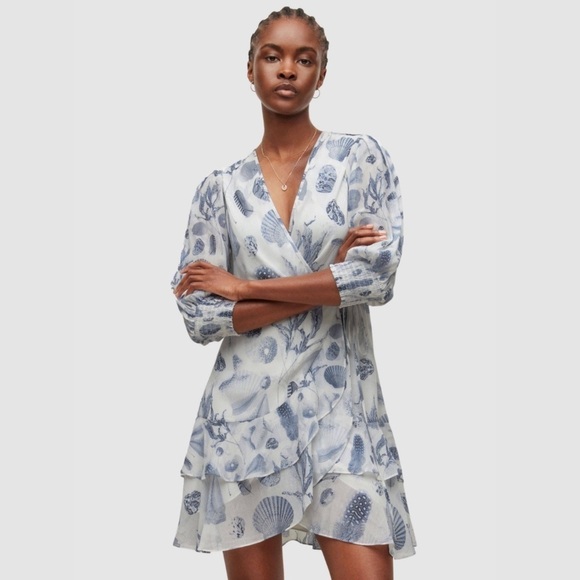 Allsaints Ari Oceano Long Sleeve Wrap Dress White Blue Shell Beach All Saints - Picture 12 of 14